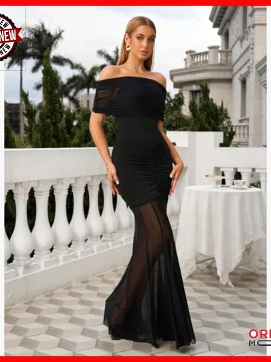 Strapless Off Shoulder Bodycon Maxi Dress Ruched Formal Party Long - Picture 5 of 5